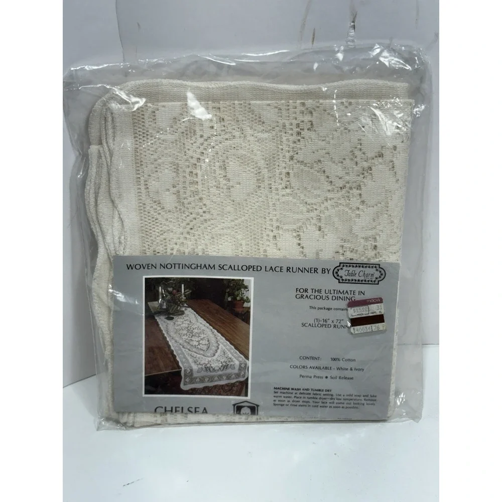 Woven Nottingham Scalloped Lace Runner by Table Charm Chelsea New